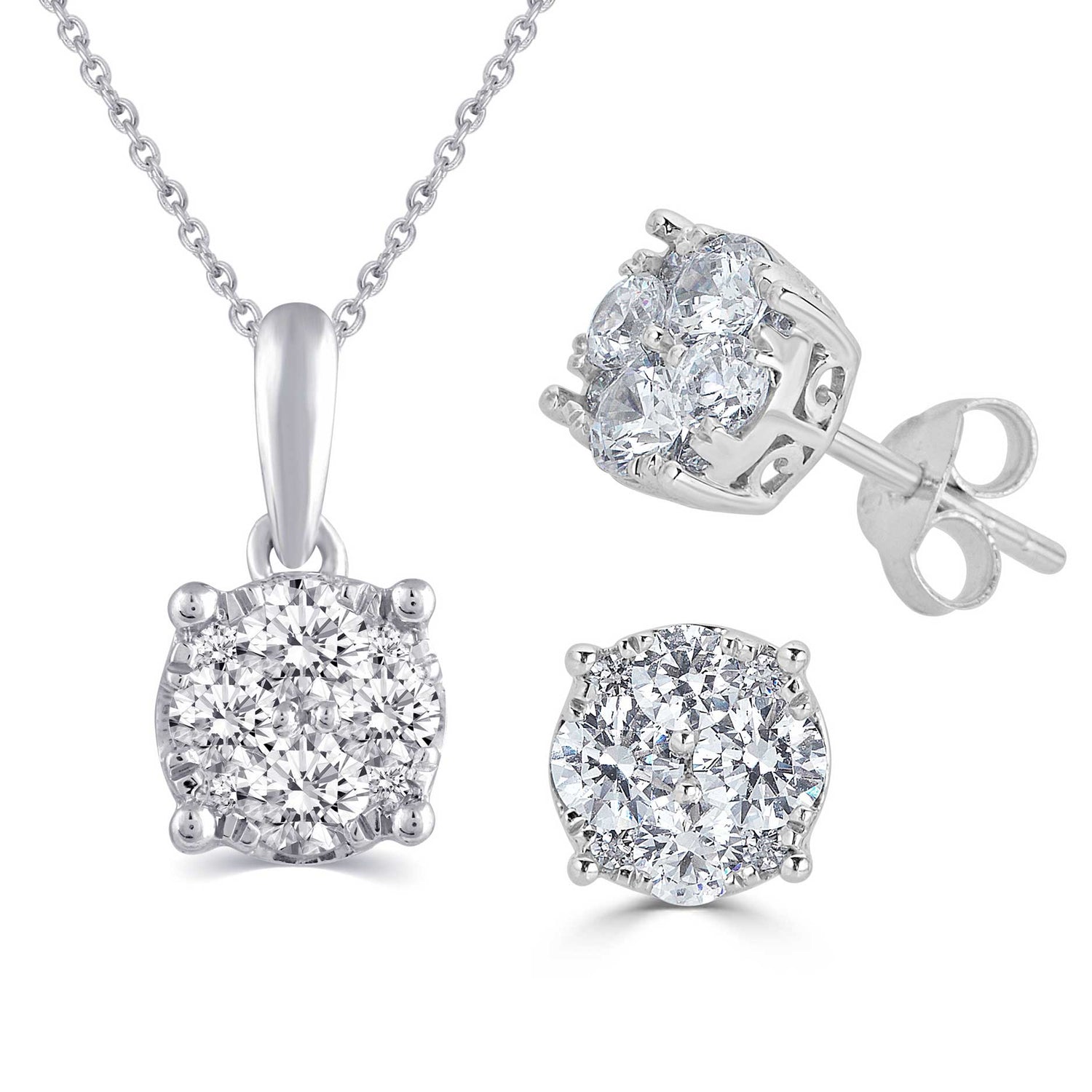 3/4 Carat TW Round Grand Cluster Diamond Earrings & Pendant Necklace Set in 925 Sterling Silver