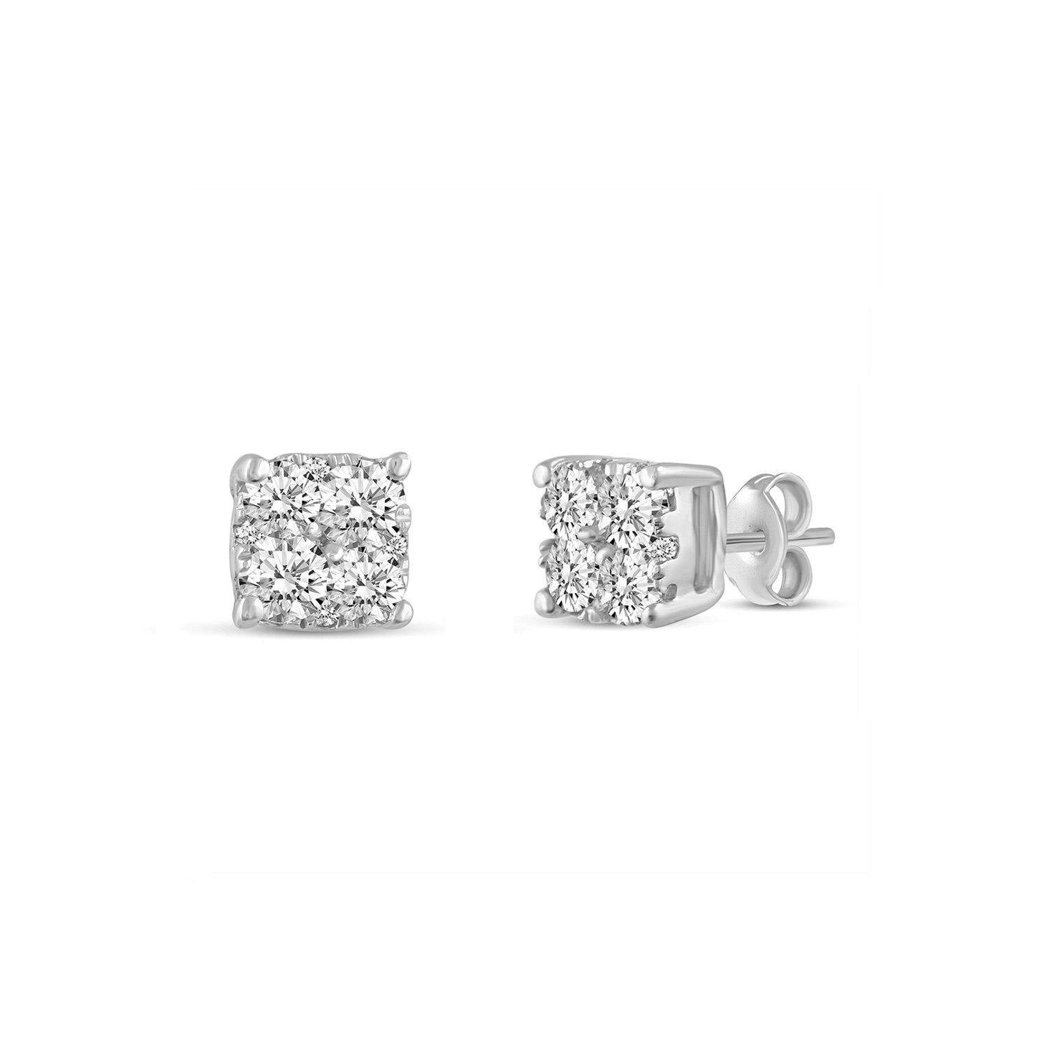 1/4 - 1 Cttw Diamond Round Grand Cluster Stud Earrings 1.0ct / 14K White Gold / I2 (It Will Take 2 ~3 Weeks to Be delivered)