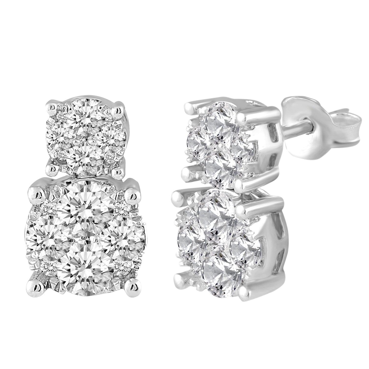 1 1/2 Cttw (I1-I2 Clarity) Diamond Round Duo Drop Cluster Earrings in 14K White Gold