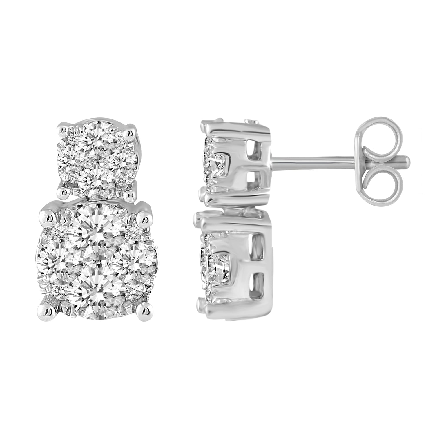 1 1/2 Cttw (I1-I2 Clarity) Diamond Round Duo Drop Cluster Earrings in 14K White Gold
