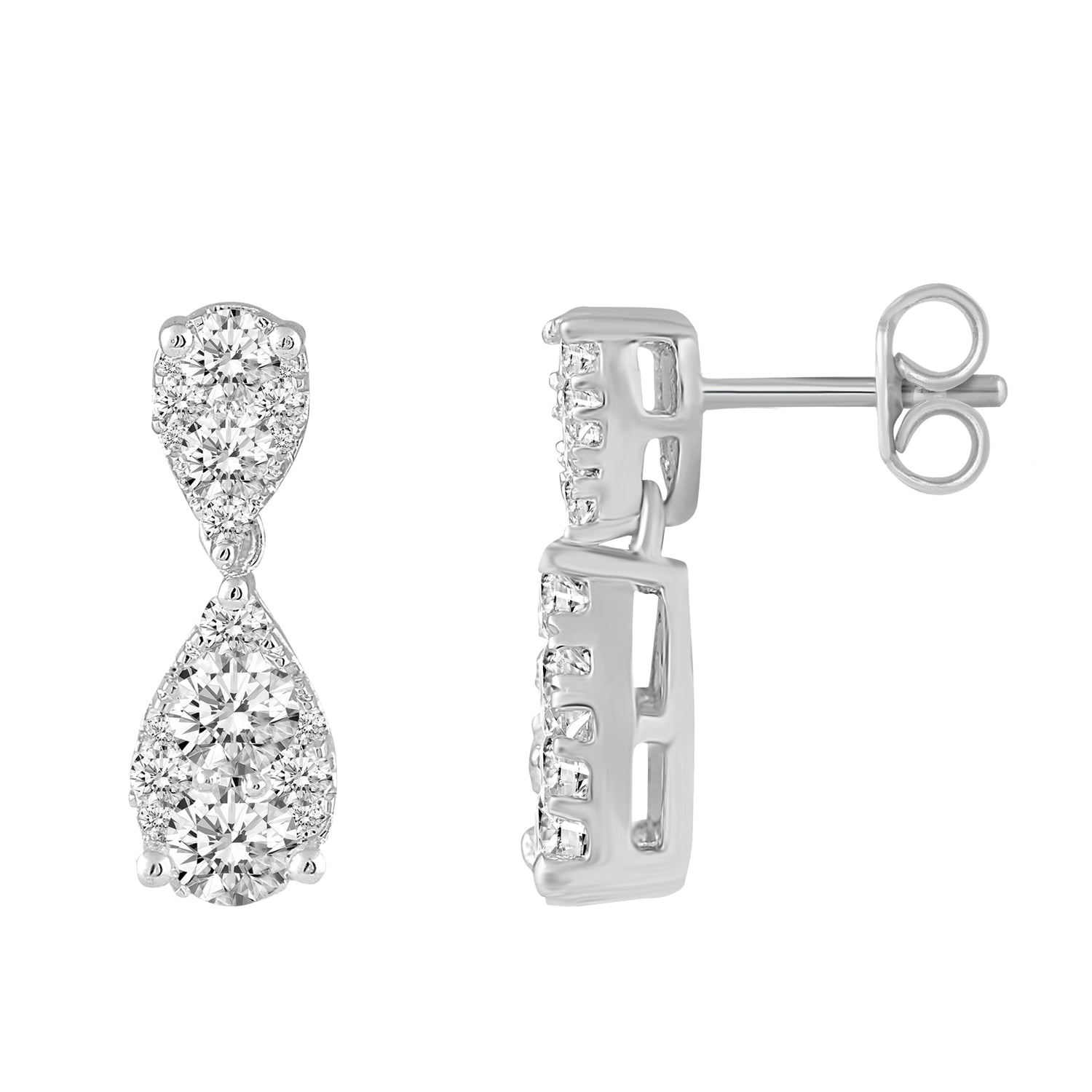 1 1/2 Cttw (I1-I2 Clarity) Diamond Duo Drop Cluster Earrings in 14K White Gold pear teardrop