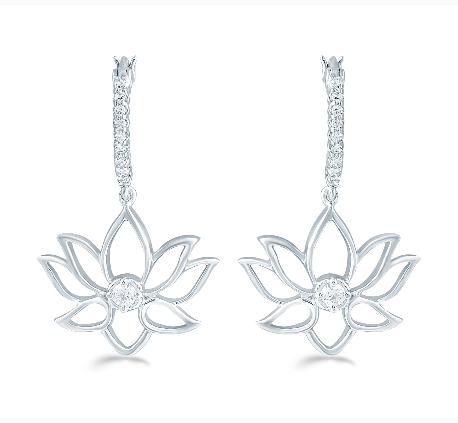 1/5ct tw Diamond Lotus Hoop Dangling Earring in 925 Sterling Silver