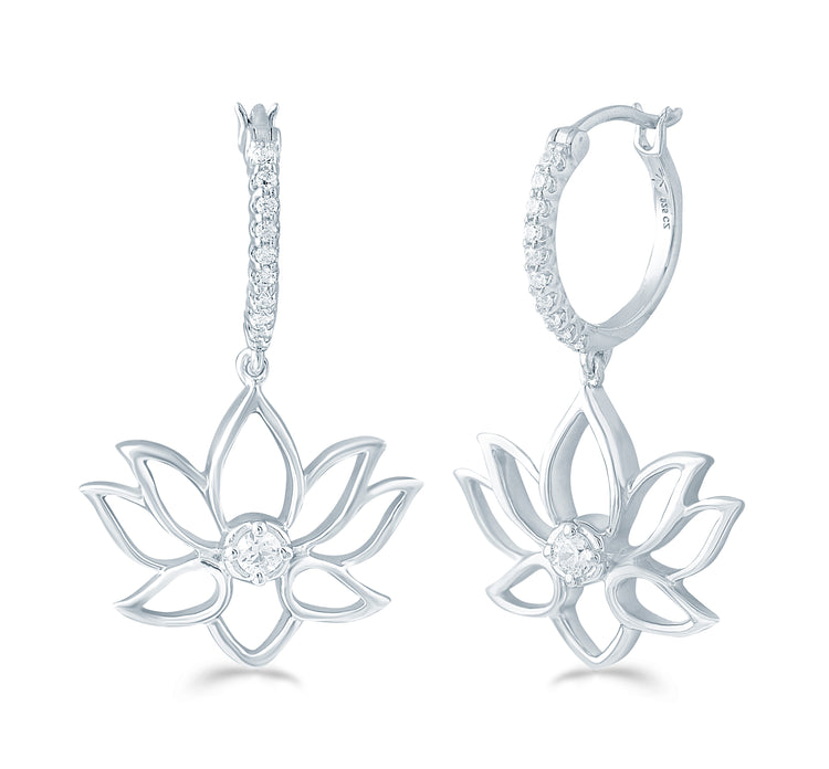 1/5ct tw Diamond Lotus Hoop Dangling Earring in 925 Sterling Silver