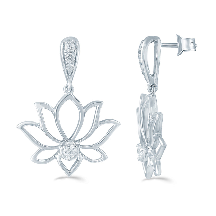 Set of 2 : 1/3 CT TW Diamond Lotus Pendant & Earrings in Sterling Silver