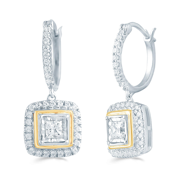 1/2t tw Diamond Cushion shape Dangling Earring in Sterling Silver & 14kt plating - Fifth and Fine