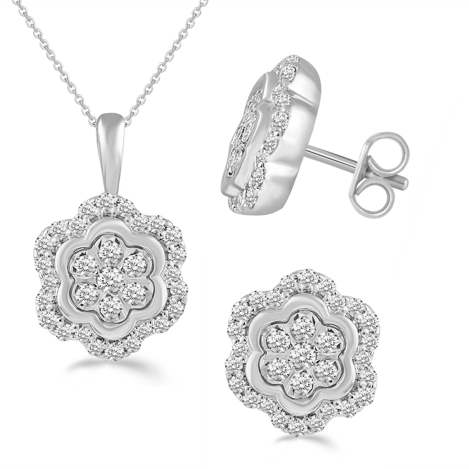 1/2 - 3/4 CTTW Diamond Floral Cluster Stud Earring/Pendant in Sterling Silver
