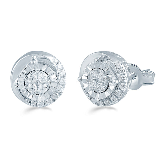 1/4 Cttw Diamond Cluster Floral Swirl Earring Set In Sterling Silver