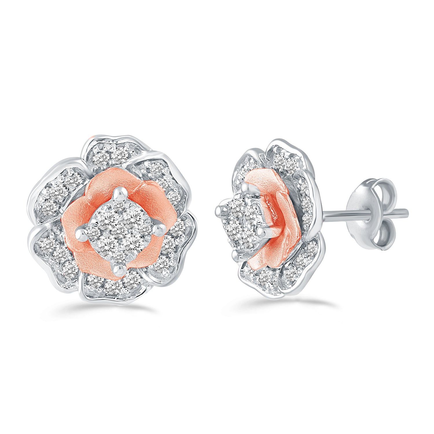 1/2ct tw Diamond Rose Two-Tone Earring in 925 Sterling Silver