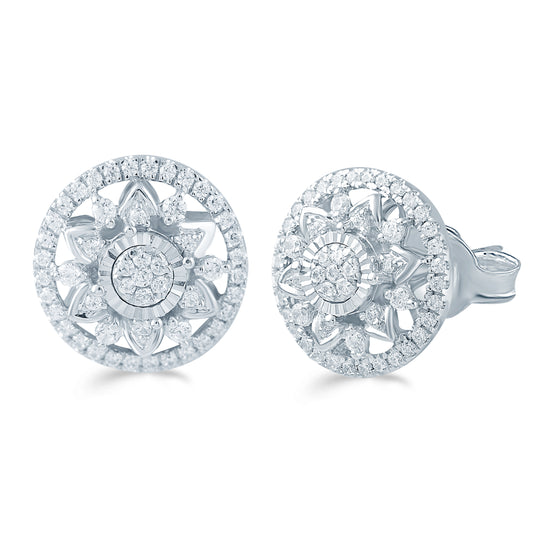 1/2 Cttw Diamond Floral Cluster Earring Set In Sterling Silver