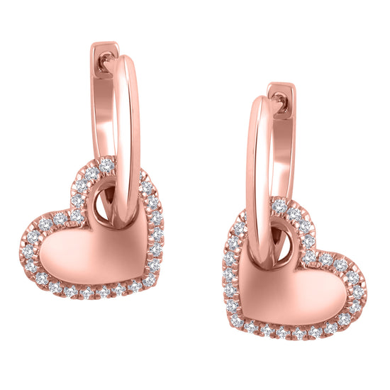 1/5 Cttw Hoop with Diamond Heart Dangle Earrings in 14K Rose Gold