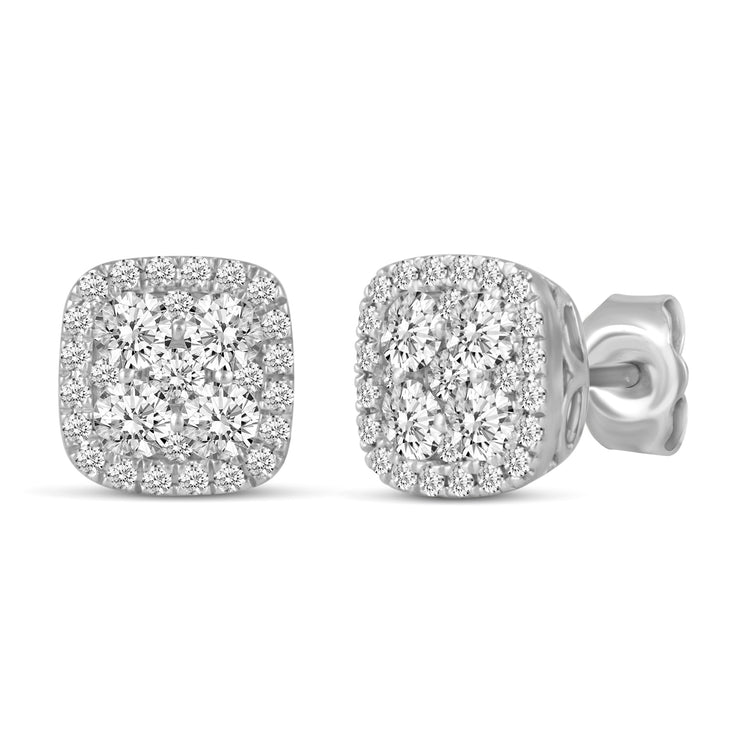 1 CTW Diamond Halo Cluster Stud Earrings set in 925 Sterling Silver Round/Oval/Square/Pear Shape