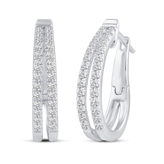 1/2 Cttw Diamond Double Row Hoop Earrings set in 925 Sterling Silver
