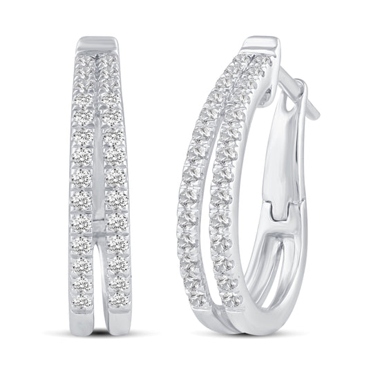 3/4 Cttw Diamond Double Row Hoop Earrings set in 925 Sterling Silver