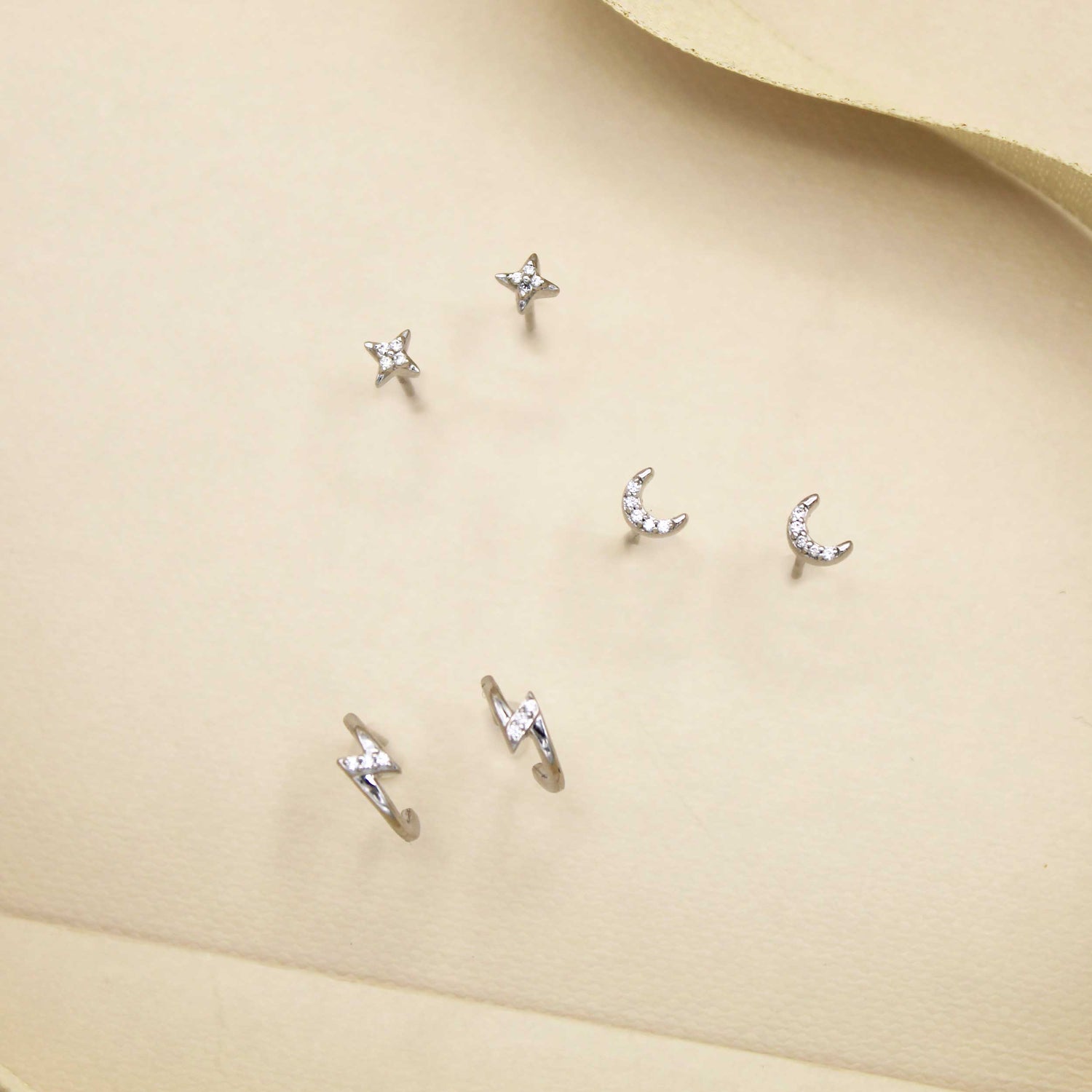 3 Pairs Set Ear Party 1/10 Cttw Natural Diamond Star Moon Lightning Bolt Stud Earrings in 925 Sterling Silver