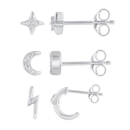 3 Pairs Set Ear Party 1/10 Cttw Natural Diamond Star Moon Lightning Bolt Stud Earrings in 925 Sterling Silver