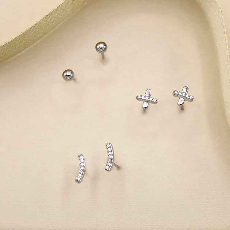 3 Pairs Set Ear Party 1/10 Cttw Natural Diamond Circle XO Curved Bar Stud Earrings in 925 Sterling Silver