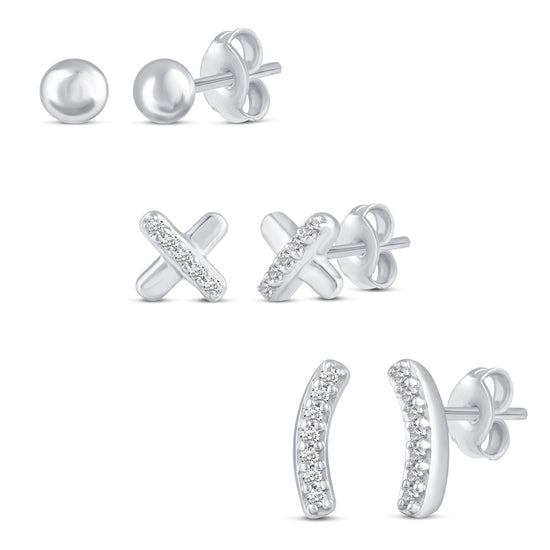 3 Pairs Set Ear Party 1/10 Cttw Natural Diamond Circle XO Curved Bar Stud Earrings in 925 Sterling Silver