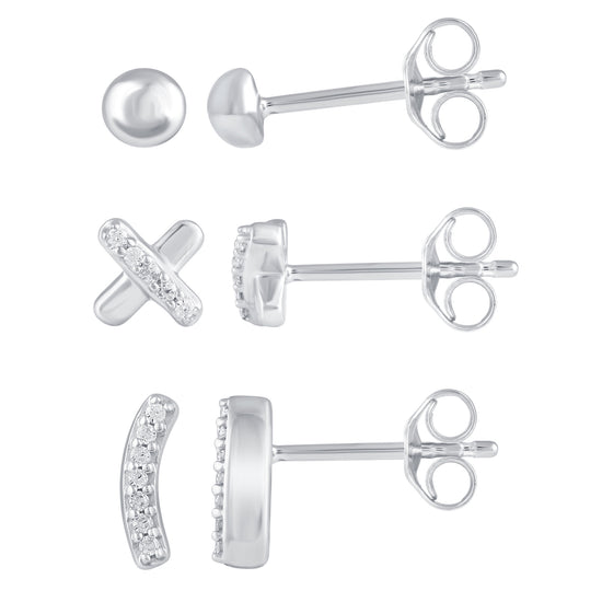 3 Pairs Set Ear Party 1/10 Cttw Natural Diamond Circle XO Curved Bar Stud Earrings in 925 Sterling Silver