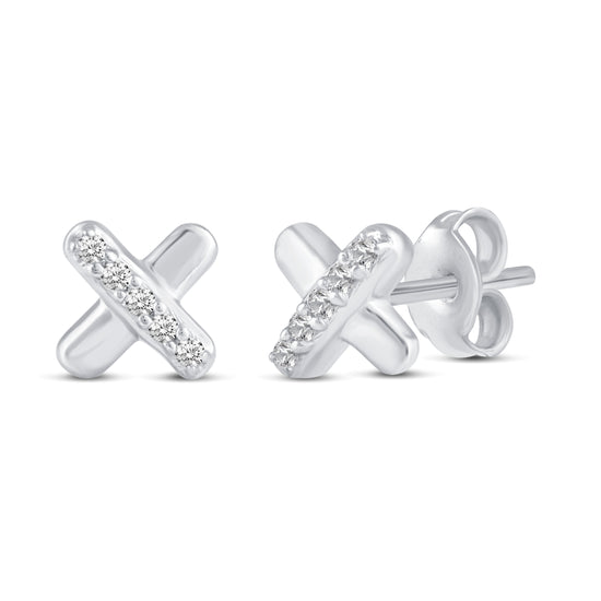 3 Pairs Set Ear Party 1/10 Cttw Natural Diamond Circle XO Curved Bar Stud Earrings in 925 Sterling Silver