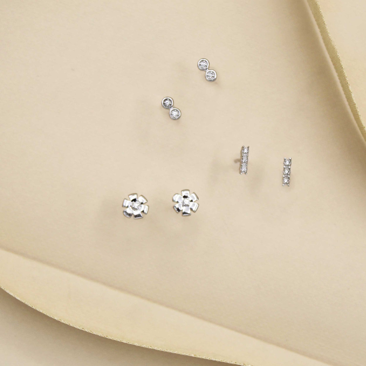 3 Pairs Set Ear Party 1/20 Cttw Natural Diamond Duo Mini Bar Three Stone Bar Flower Stud Earrings in 925 Sterling Silver