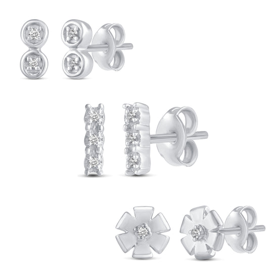 3 Pairs Set Ear Party 1/20 Cttw Natural Diamond Duo Mini Bar Three Stone Bar Flower Stud Earrings in 925 Sterling Silver