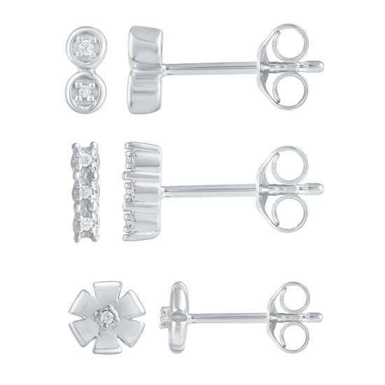 3 Pairs Set Ear Party 1/20 Cttw Natural Diamond Duo Mini Bar Three Stone Bar Flower Stud Earrings in 925 Sterling Silver