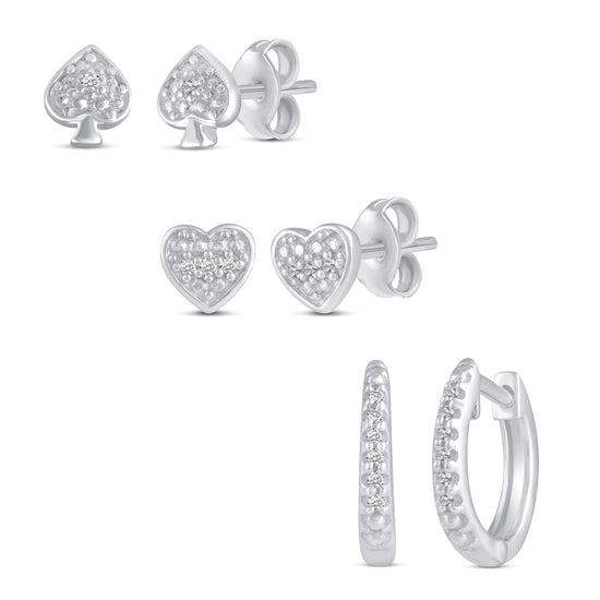 3 Pairs Set Ear Party 1/10 Cttw Natural Diamond Ace of Spades Heart Huggies Stud Hoops Earrings in 925 Sterling Silver