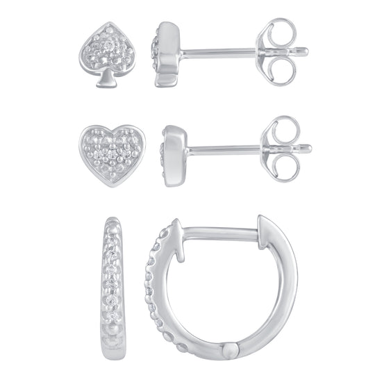 3 Pairs Set Ear Party 1/10 Cttw Natural Diamond Ace of Spades Heart Huggies Stud Hoops Earrings in 925 Sterling Silver