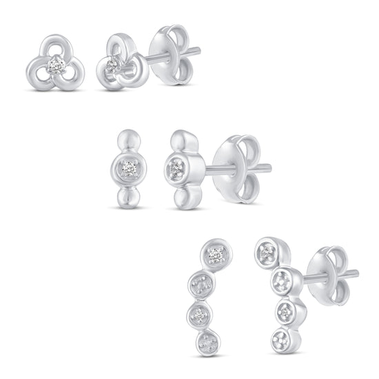 3 Pairs Set Ear Party 1/20 Cttw Natural Diamond Pansy Flower 1 Stone Bar Crawler Stud Earrings in 925 Sterling Silver