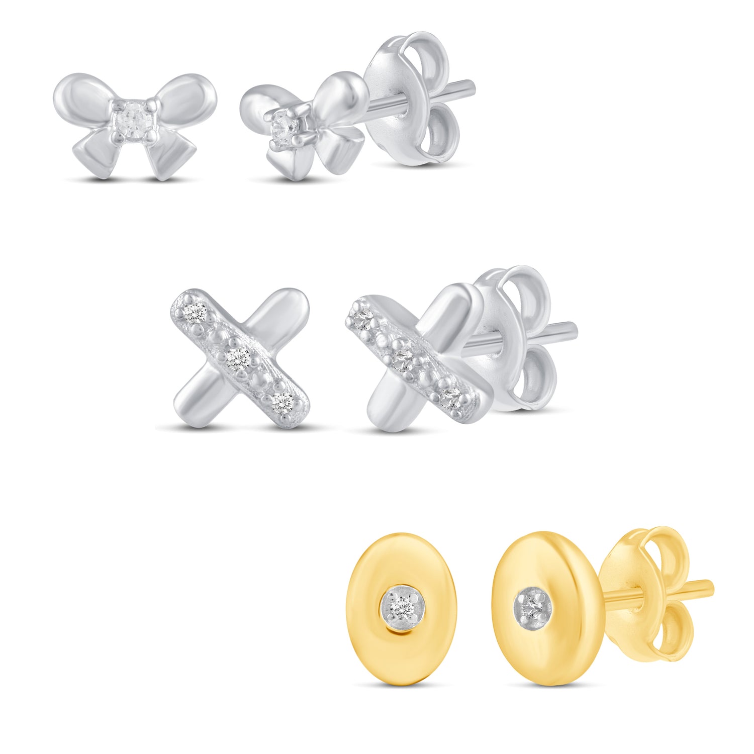 3 Pairs Set Ear Party 1/20 Cttw Natural Diamond Bow Tie X Disk Stud Earrings in 925 Sterling Silver