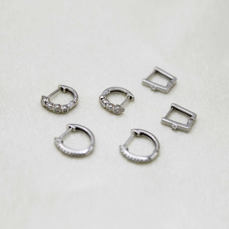 3 Pairs Set Ear Party 1/10 Cttw Natural Diamond Single Stone Square Beaded Mini Huggies Hoop Earrings in 925 Sterling Silver