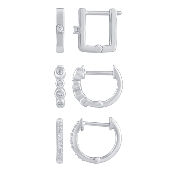 3 Pairs Set Ear Party 1/10 Cttw Natural Diamond Single Stone Square Beaded Mini Huggies Hoop Earrings in 925 Sterling Silver