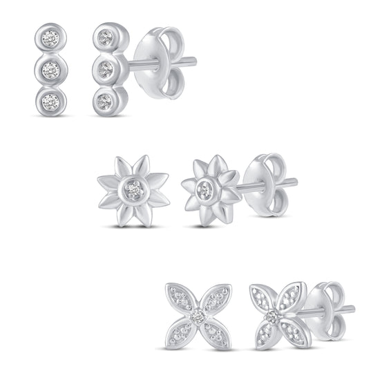 3 Pairs Set Ear Party 1/10 Cttw Natural Diamond Three Stone Bar Flower Marquise Flower Stud Earrings in 925 Sterling Silver
