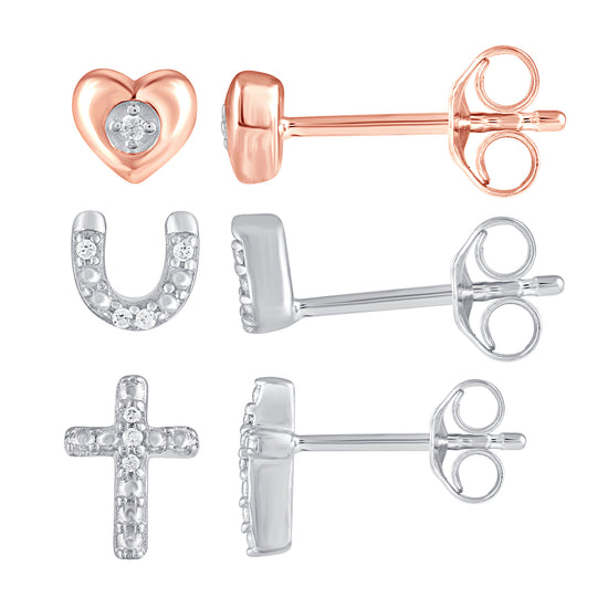 3 Pairs Set Ear Party 1/20 Cttw Natural Diamond Heart Horseshoe Cross Stud Earrings in 925 Sterling Silver