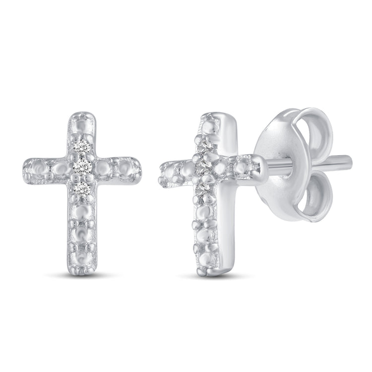 3 Pairs Set Ear Party 1/20 Cttw Natural Diamond Heart Horseshoe Cross Stud Earrings in 925 Sterling Silver