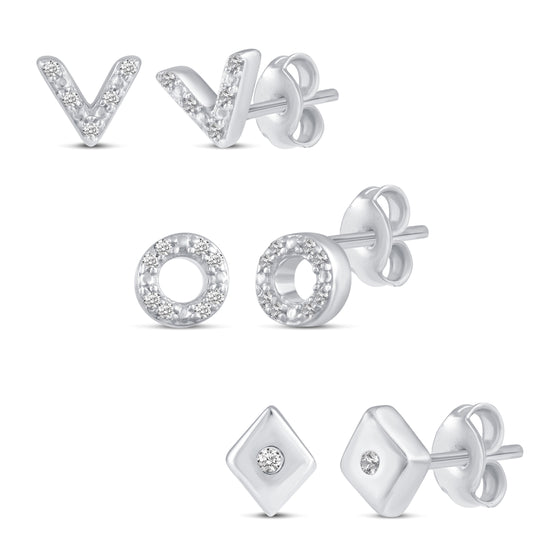3 Pairs Set Ear Party 1/10 Cttw Natural Diamond Chevron Circle Diamond Shape Stud Earrings in 925 Sterling Silver