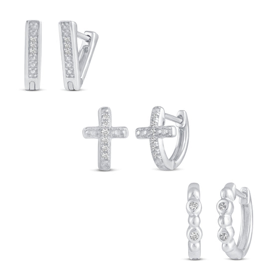 3 Pairs Set Ear Party 1/10 Cttw Natural Diamond Chevron Cross Beaded Huggies Hoop Earrings in 925 Sterling Silver