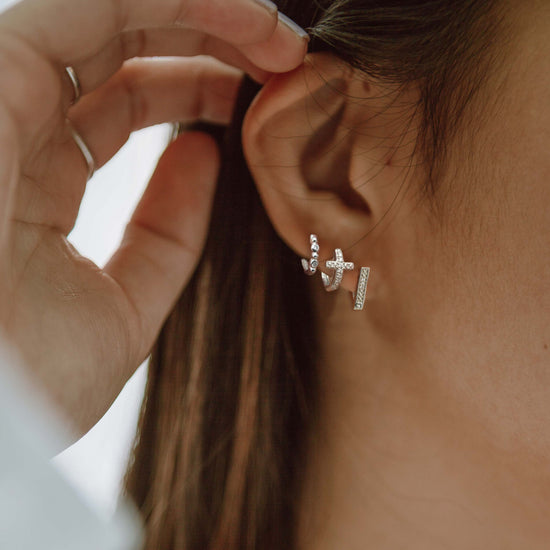 3 Pairs Set Ear Party 1/10 Cttw Natural Diamond Chevron Cross Beaded Huggies Hoop Earrings in 925 Sterling Silver