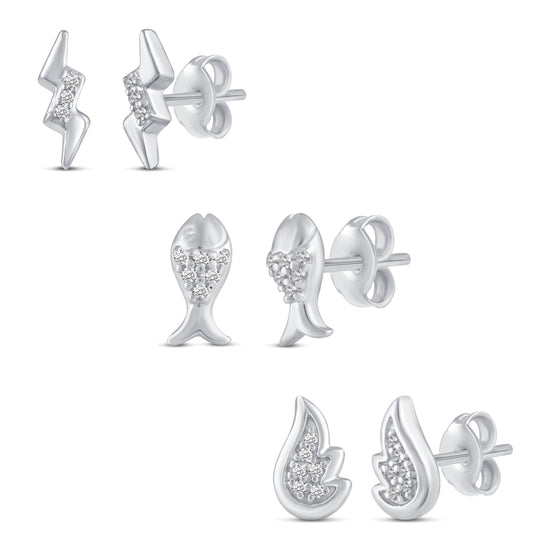 3 Pairs Set Ear Party 1/10 Cttw Natural Diamond Lightning Bolt Fish Angel Wing Stud Earrings in 925 Sterling Silver