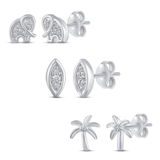 3 Pairs Set Ear Party 1/10 Cttw Natural Diamond Elephant Marquise Palm Tree Stud Earrings in 925 Sterling Silver