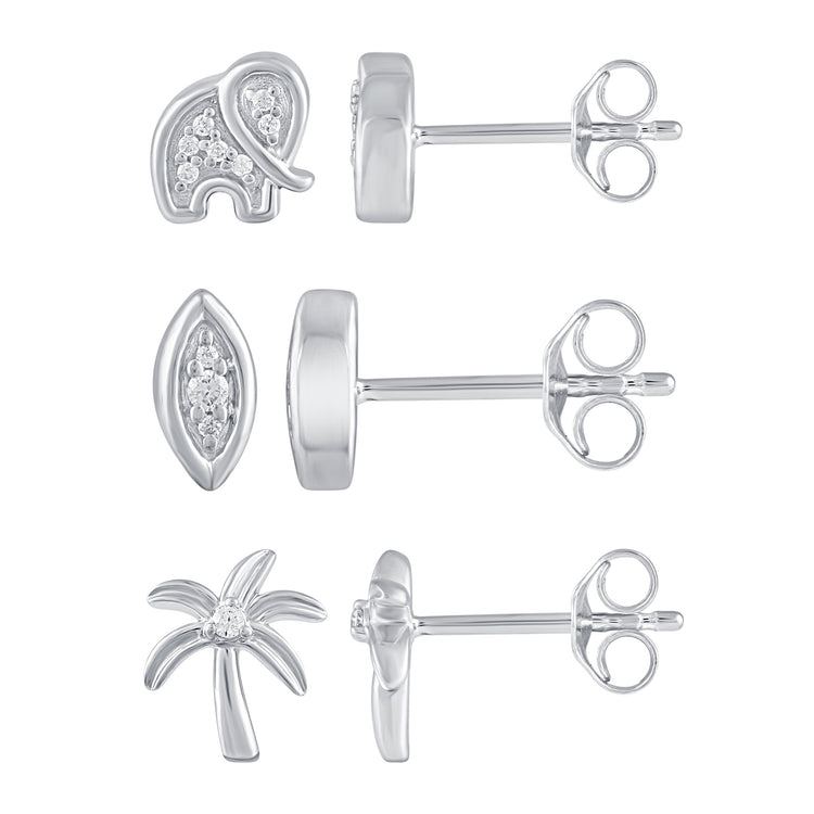 3 Pairs Set Ear Party 1/10 Cttw Natural Diamond Elephant Marquise Palm Tree Stud Earrings in 925 Sterling Silver