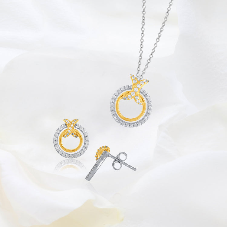 Set of 2 : 3/4 CT TW Diamond Two-tone XO Yellow Gold Pendant & Earrings in 925 Sterling Silver