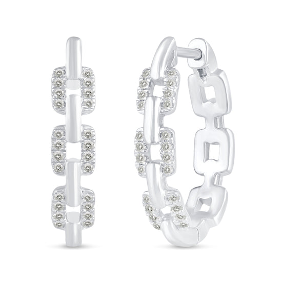 1/4 Cttw Diamond Chain Link Hoop Earrings set in 925 Sterling Silver