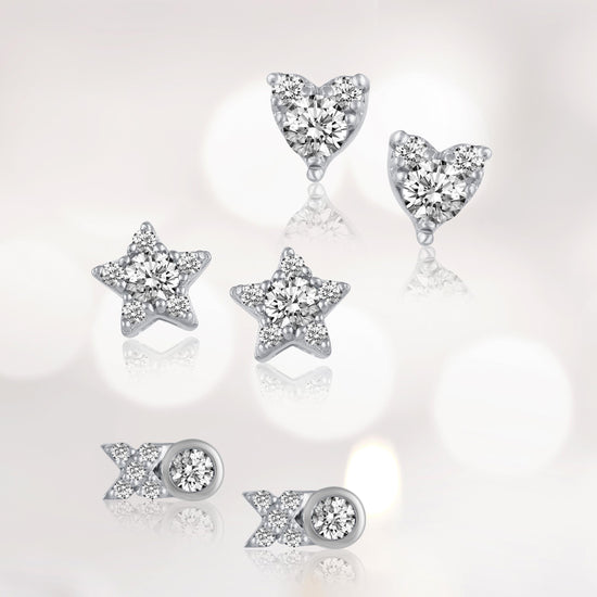 1/4 Ctw Natural Diamond Stud Heart / Star/ XO Earrings set in 925 Sterling Silver