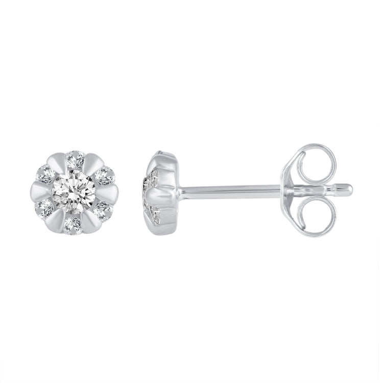 Floral Cluster Stud Earrings with 1/4 Ctw Natural Diamonds set in 925 Sterling Silver