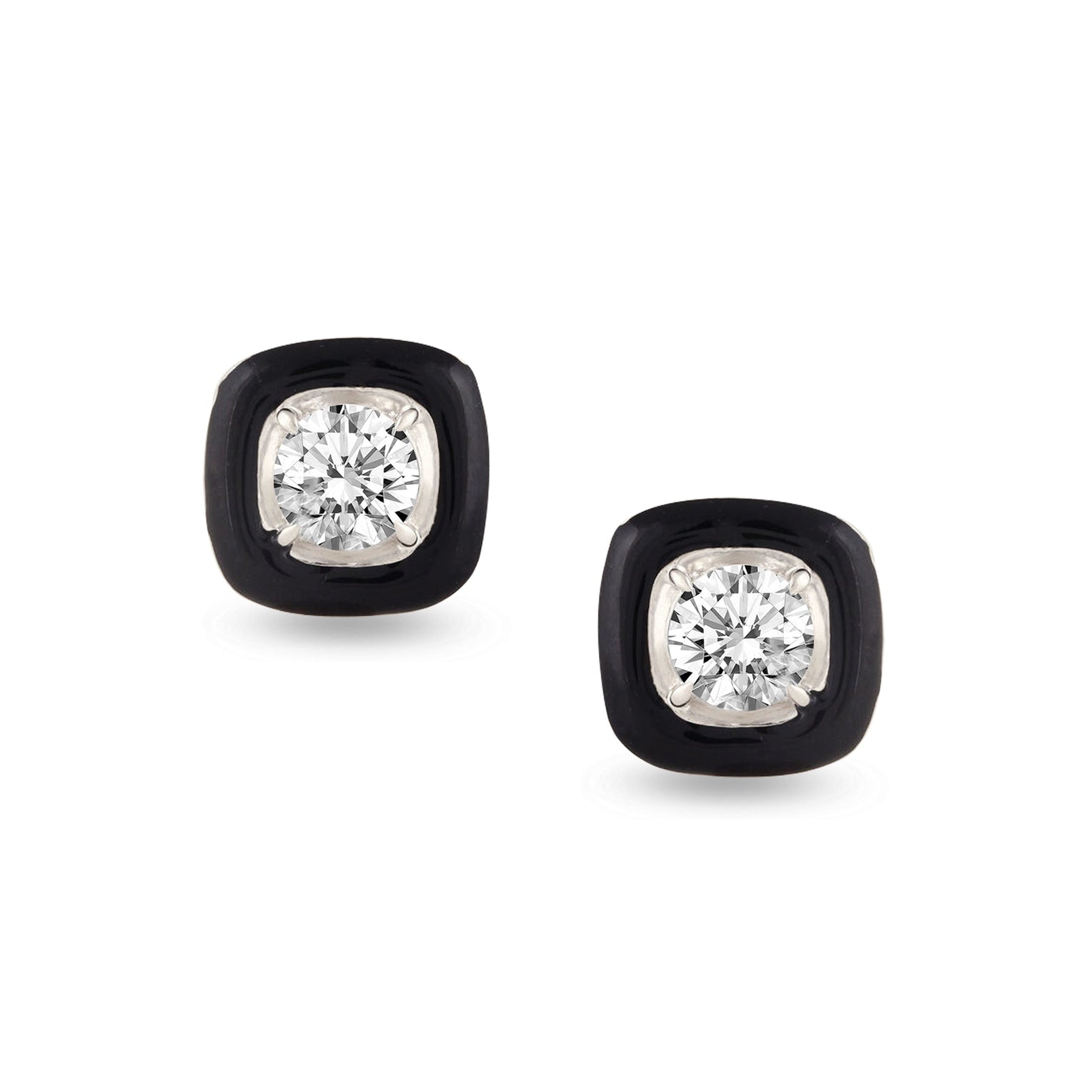 Black Enamel 1/10Ctw Natural Diamond Stud Earrings set in 925