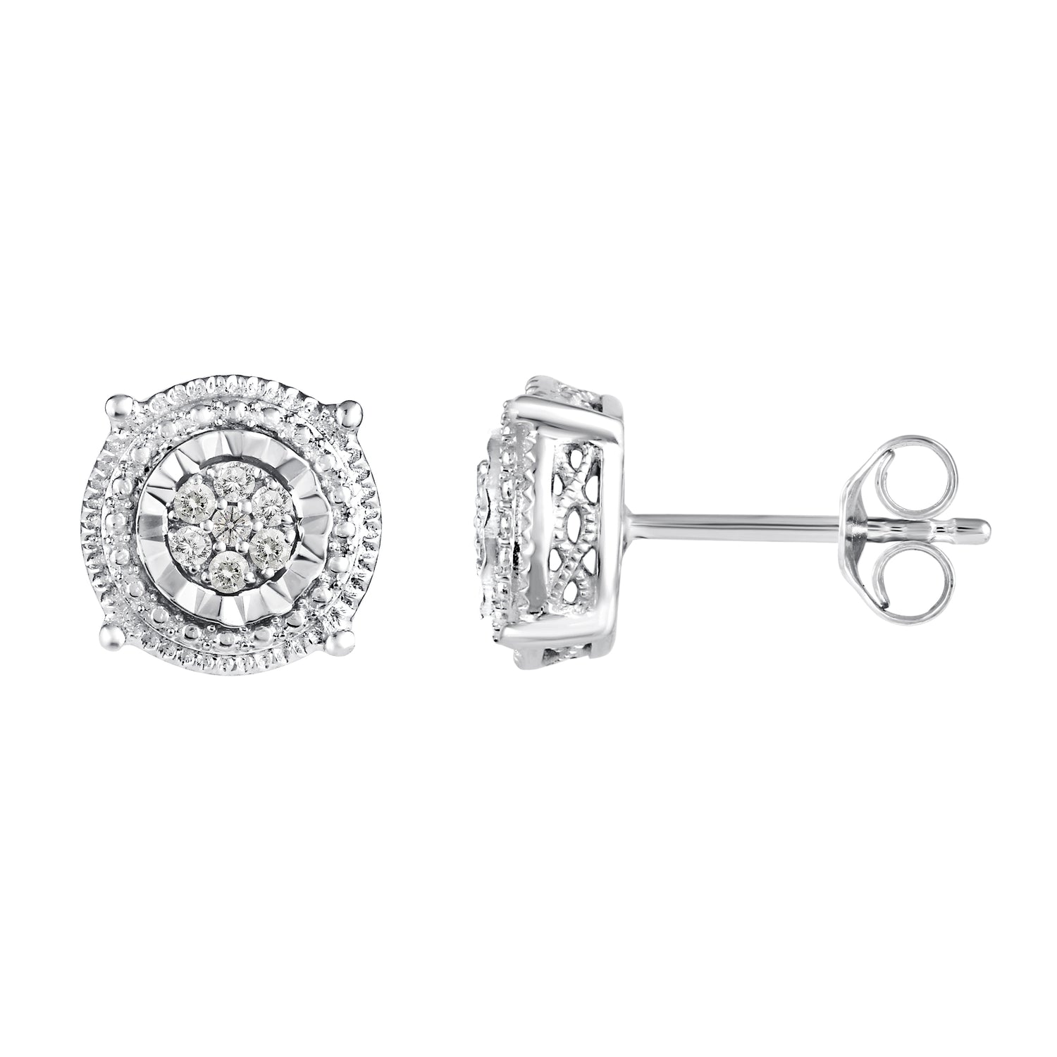 Round/Square Miracle Setting 1/10 Ctw Natural Diamond Stud Earrings set in 925 Sterling Silver