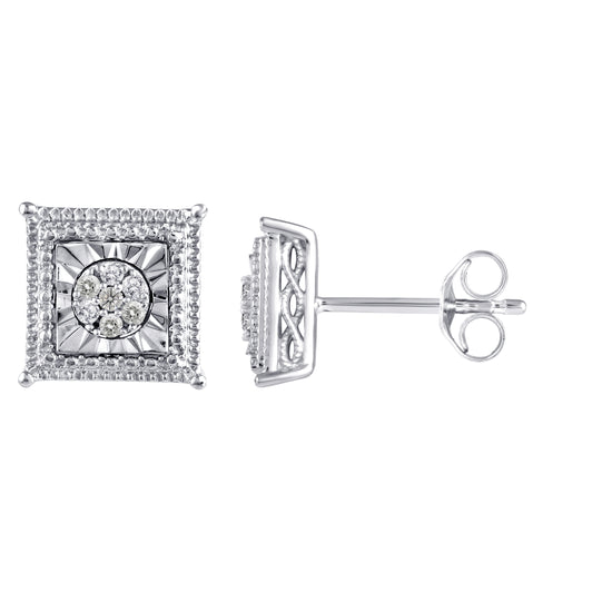 Square Miracle Setting 1/10 Ctw Natural Diamond Stud Earrings set in 925 Sterling Silver fine jewelry