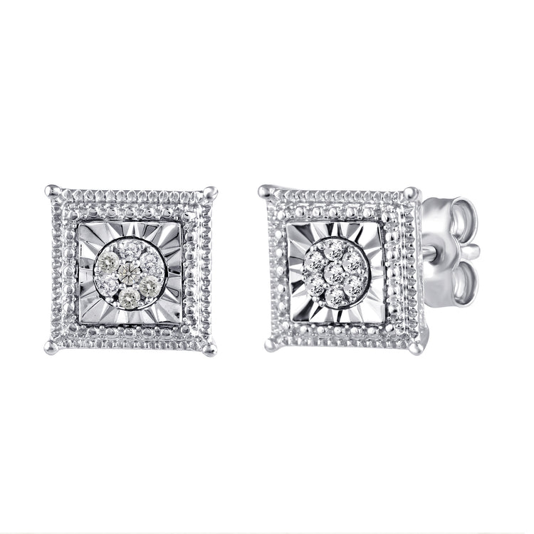 Square Miracle Setting 1/10 Ctw Natural Diamond Stud Earrings set in 925 Sterling Silver fine jewelry