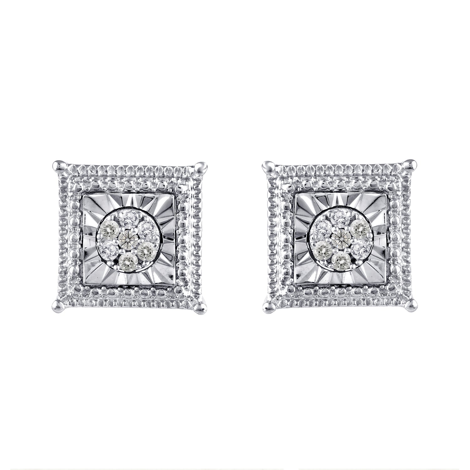 Round/Square Miracle Setting 1/10 Ctw Natural Diamond Stud Earrings set in 925 Sterling Silver